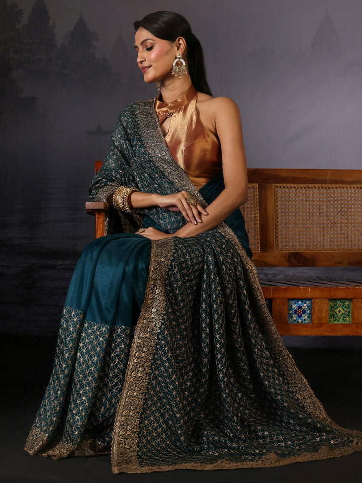 Libas Deep Teal Green Embroidered Net Saree
