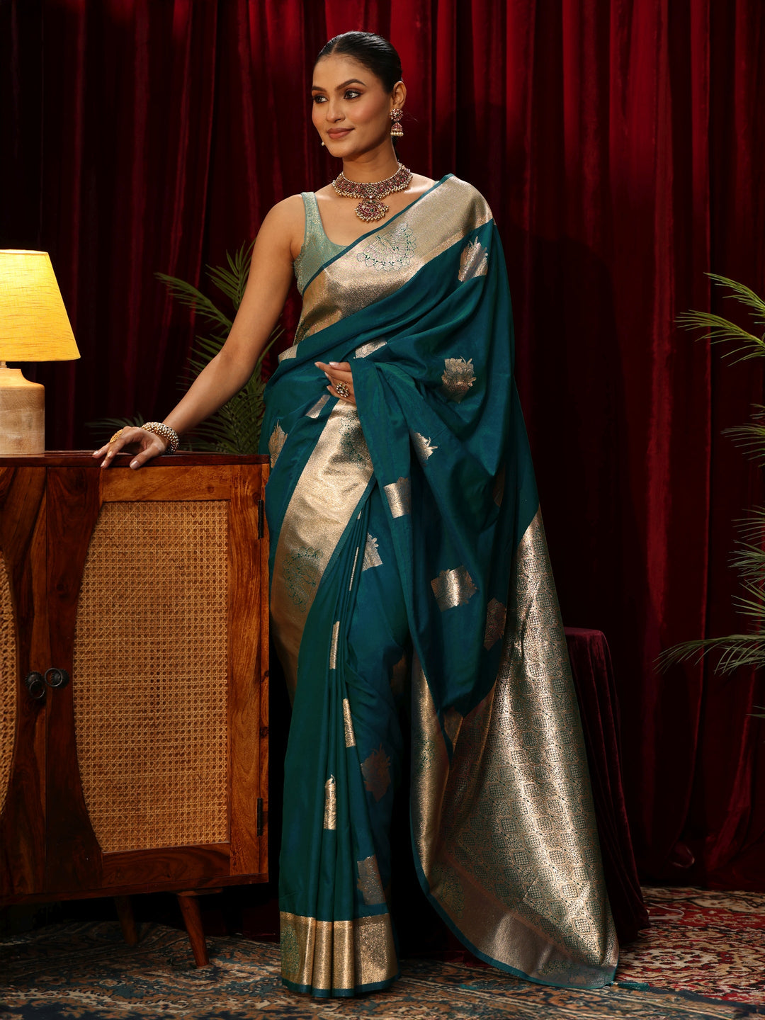 Libas Deep Teal Green Ethnic Motif Woven Design Silk Blend Saree