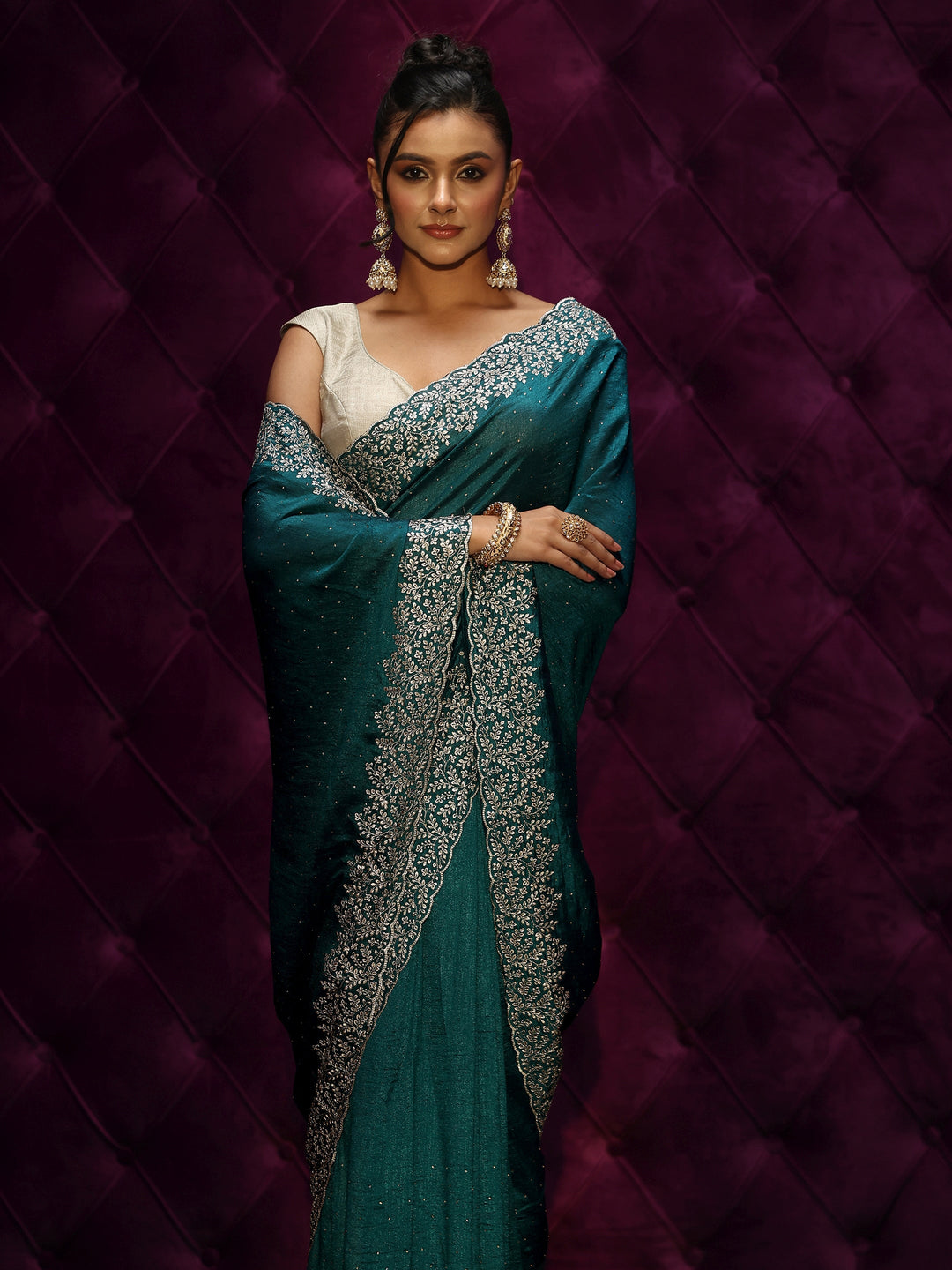 Libas Deep Teal Green Stone Work Embellished Silk Blend Saree