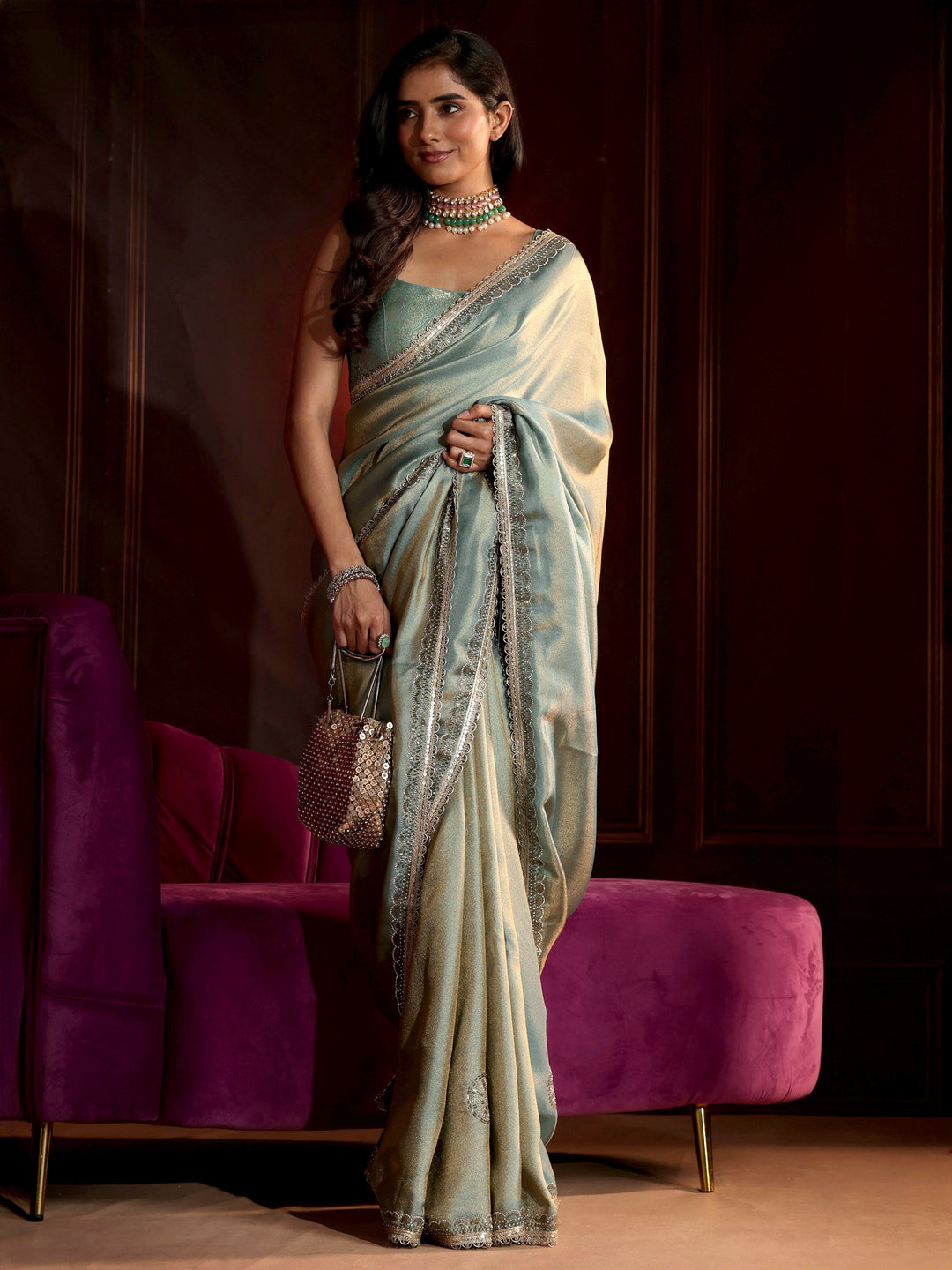 Libas Dusty Aqua Blue Embellished Tissue Saree