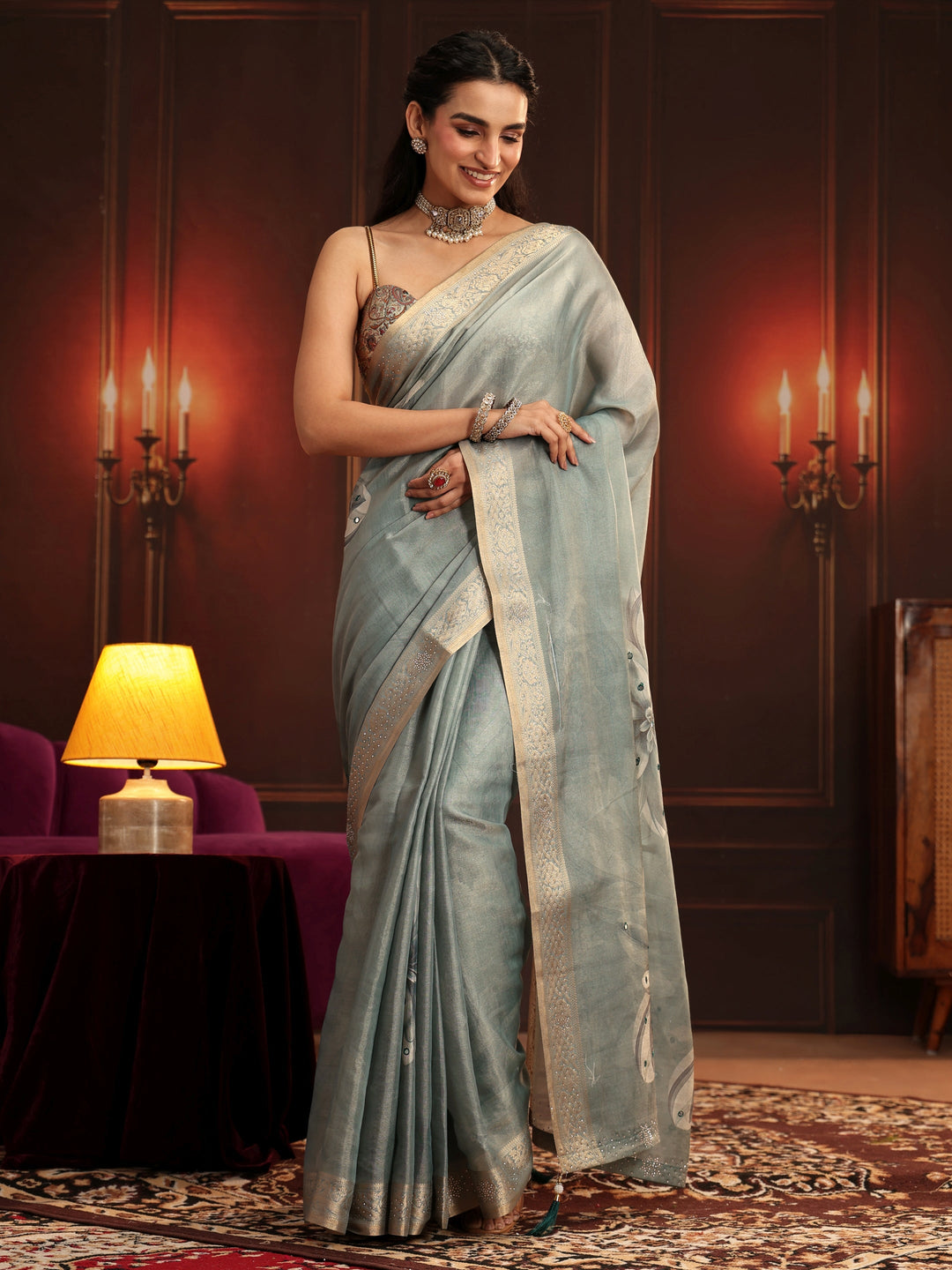 Libas Dusty Aqua Blue Floral Printed Silk Blend Saree