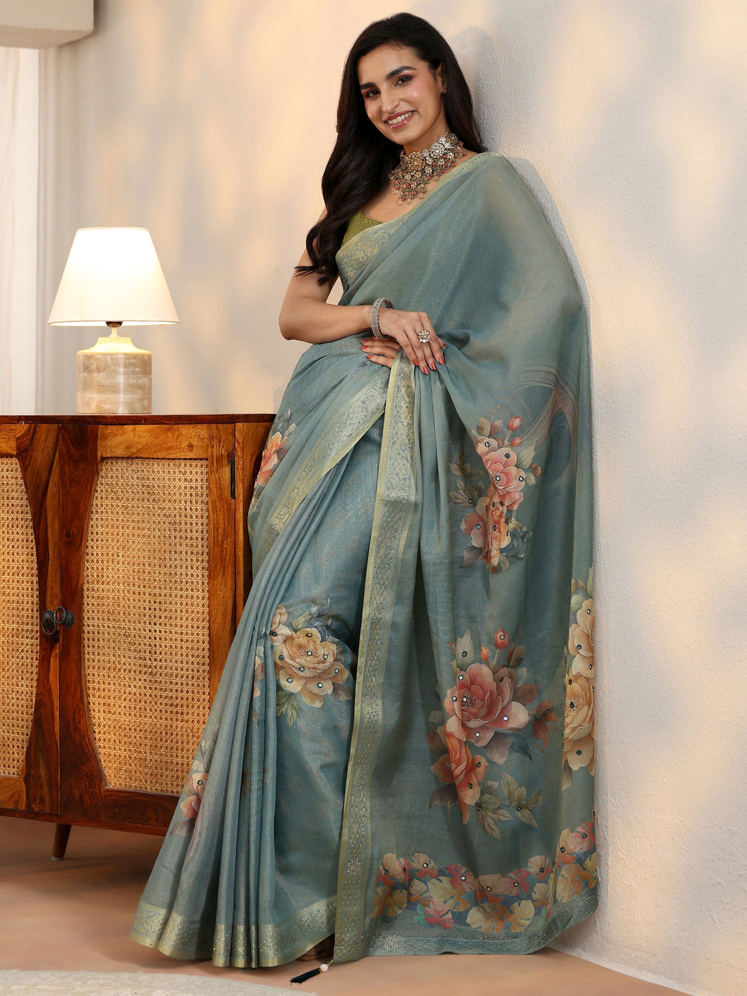 Libas Dusty Aqua Blue Floral Printed Silk Blend Saree with Woven Border