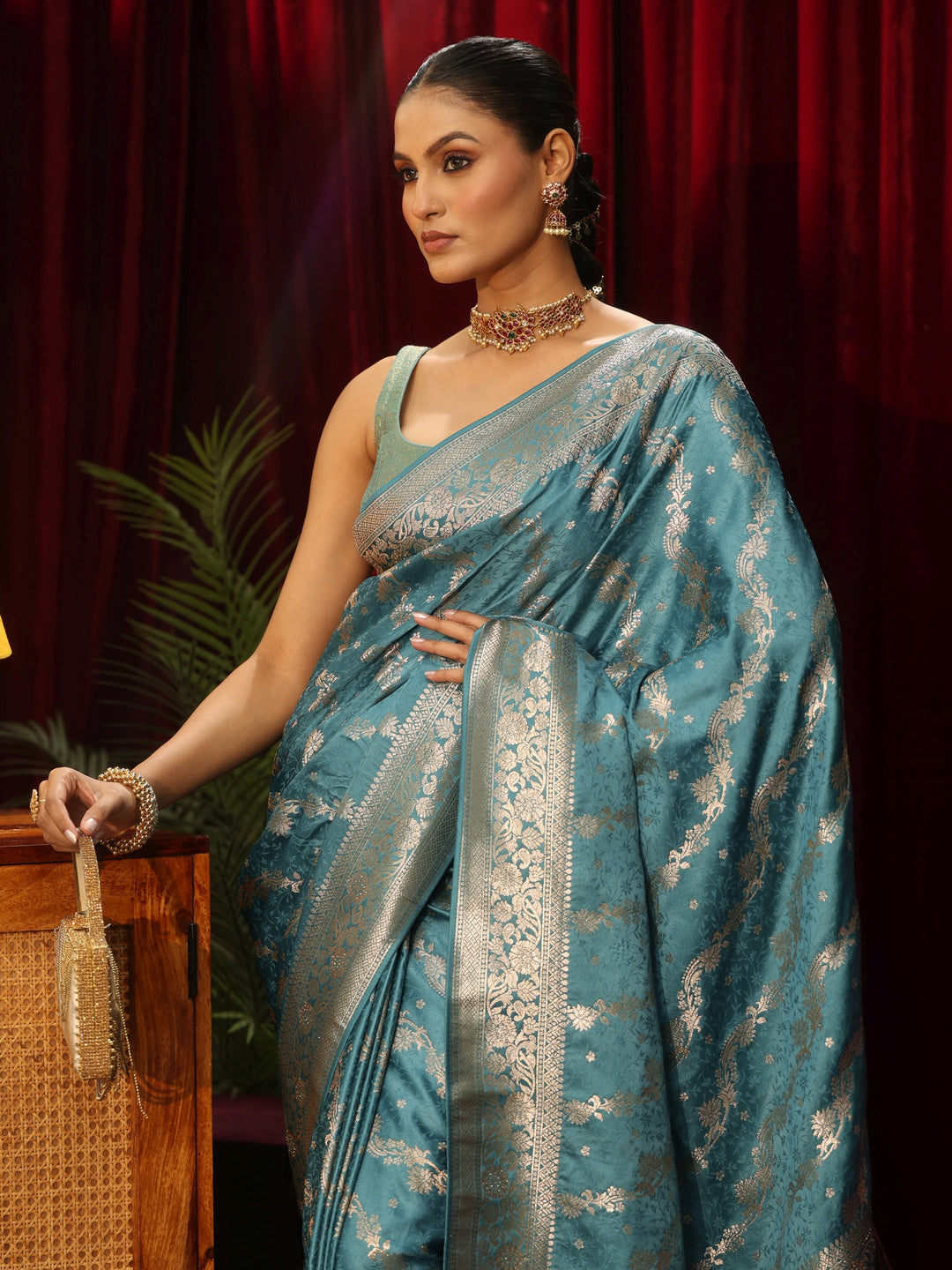 Libas Dusty Blue Banarasi Silk Blend Saree