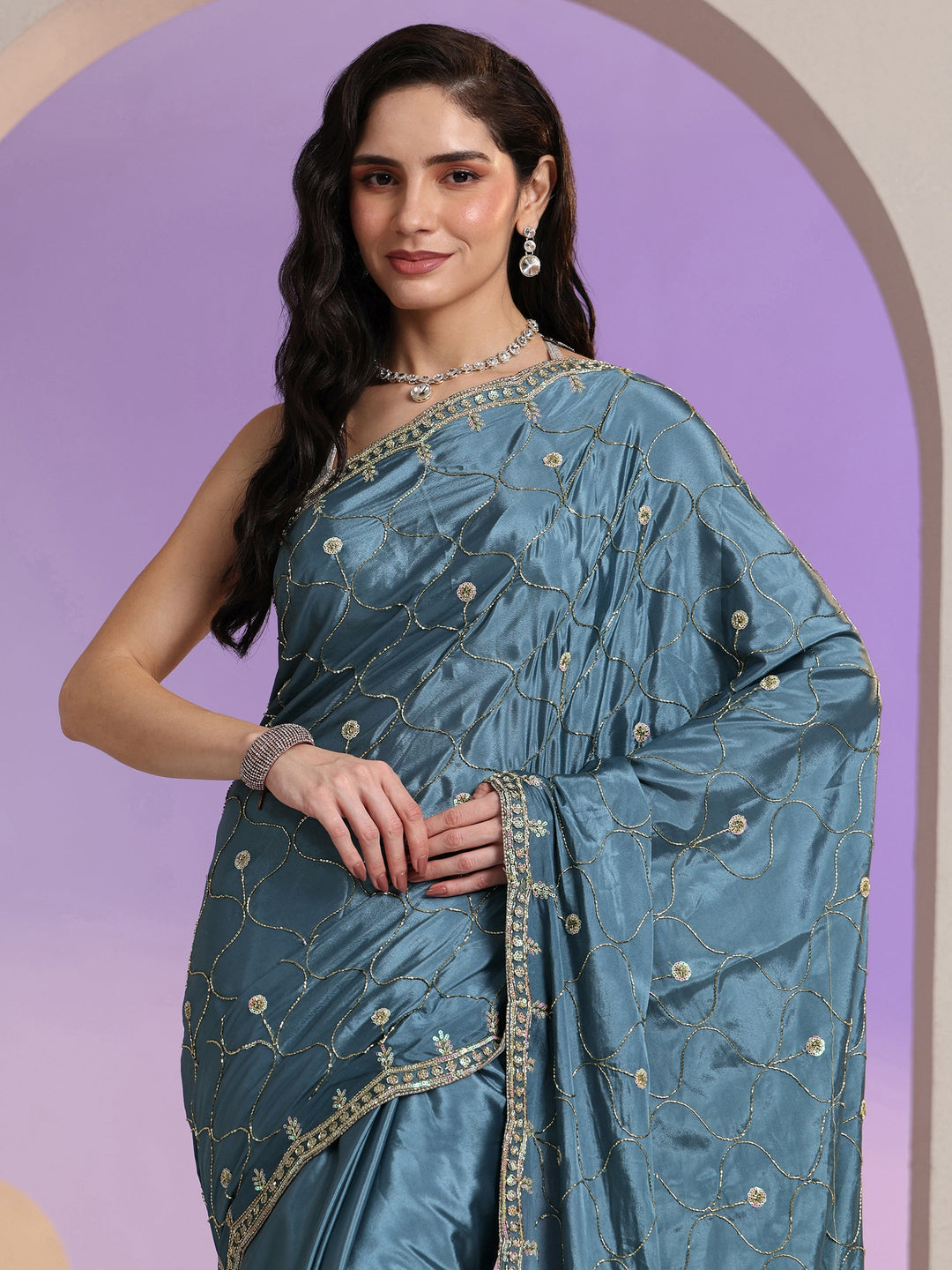 Libas Dusty Blue Embellished Silk Blend Saree