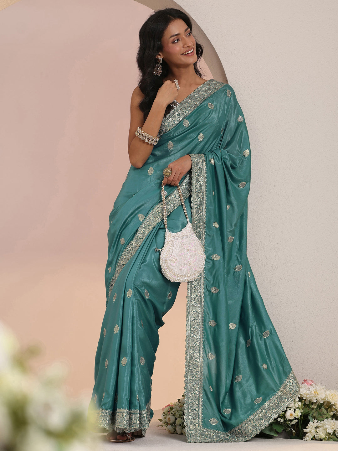 Libas Dusty Blue Embroidered Silk Blend Saree