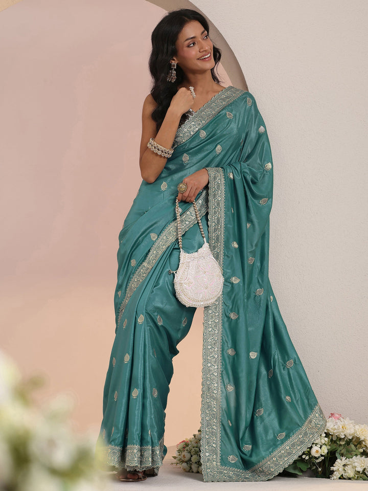 Libas Dusty Blue Embroidered Silk Blend Saree