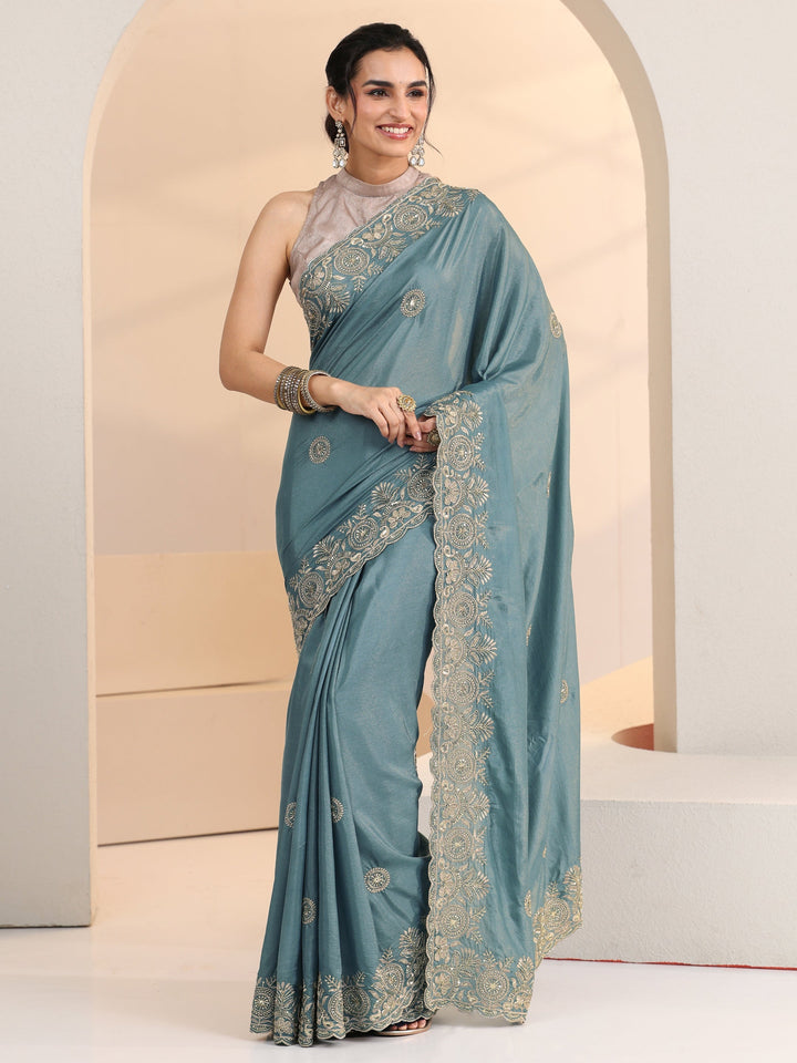 Libas Dusty Blue Embroidered Silk Blend Saree