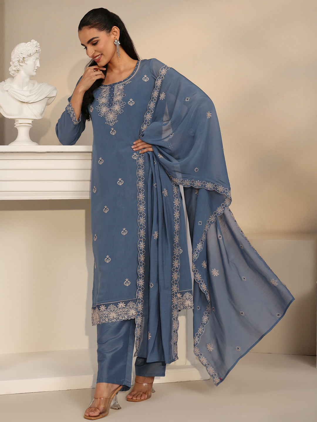 Libas Dusty Blue Ethnic Embroidered Silk Blend Straight Suit Set