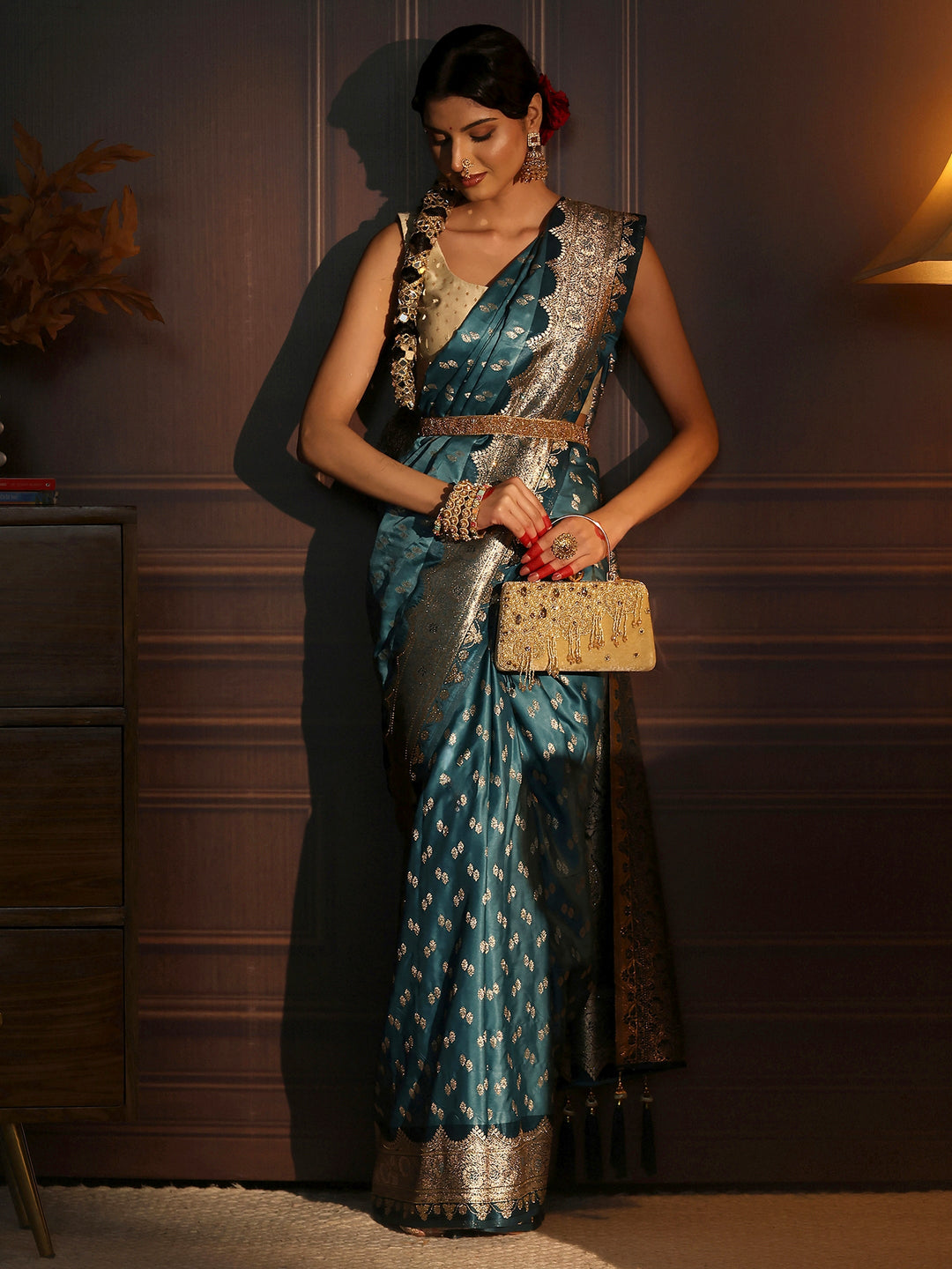 Libas Dusty Blue Ethnic Woven Design Satin Tassel Saree