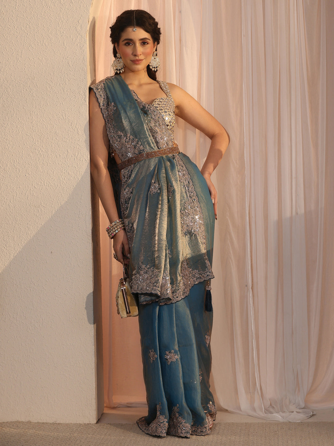 Libas Dusty Blue Floral Embellished Tissue Saree