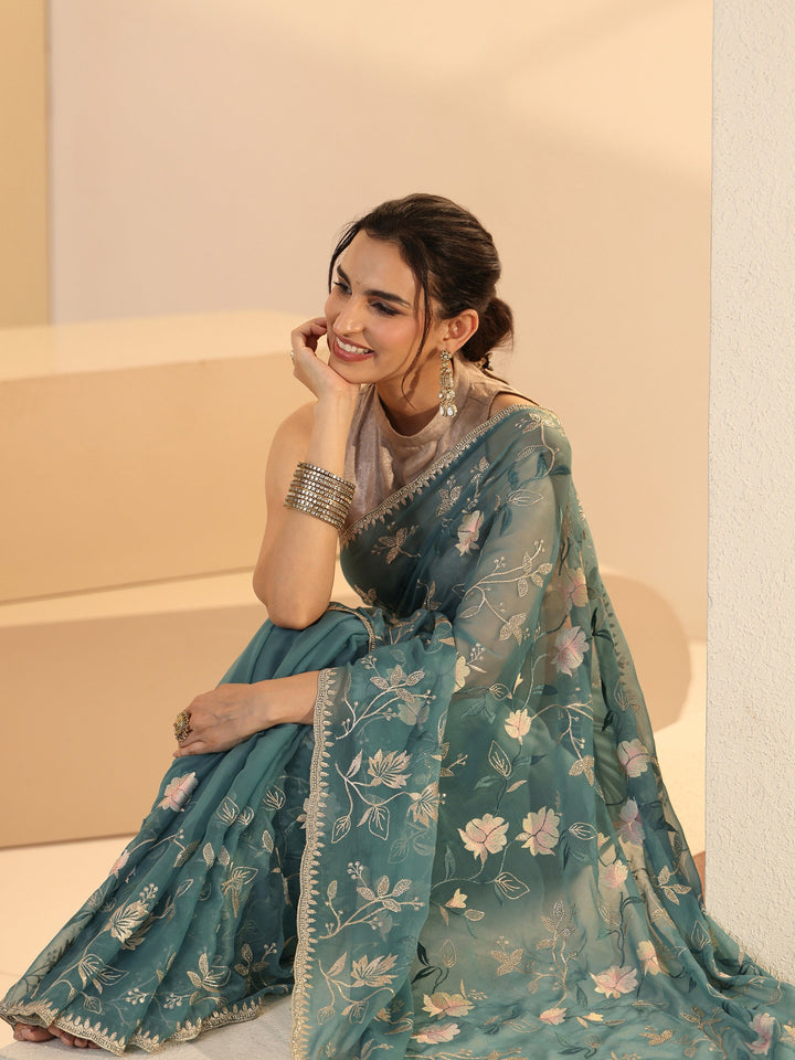 Libas Dusty Blue Floral Embroidered Chiffon Saree
