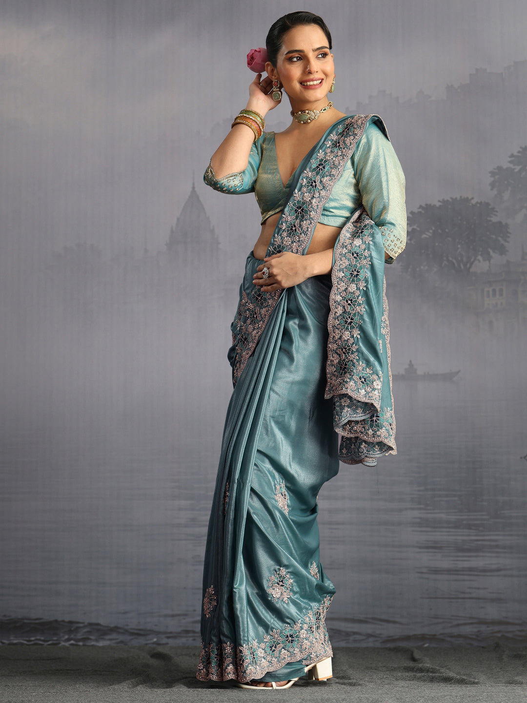 Libas Dusty Blue Floral Embroidered Satin Saree with Scalloped Border