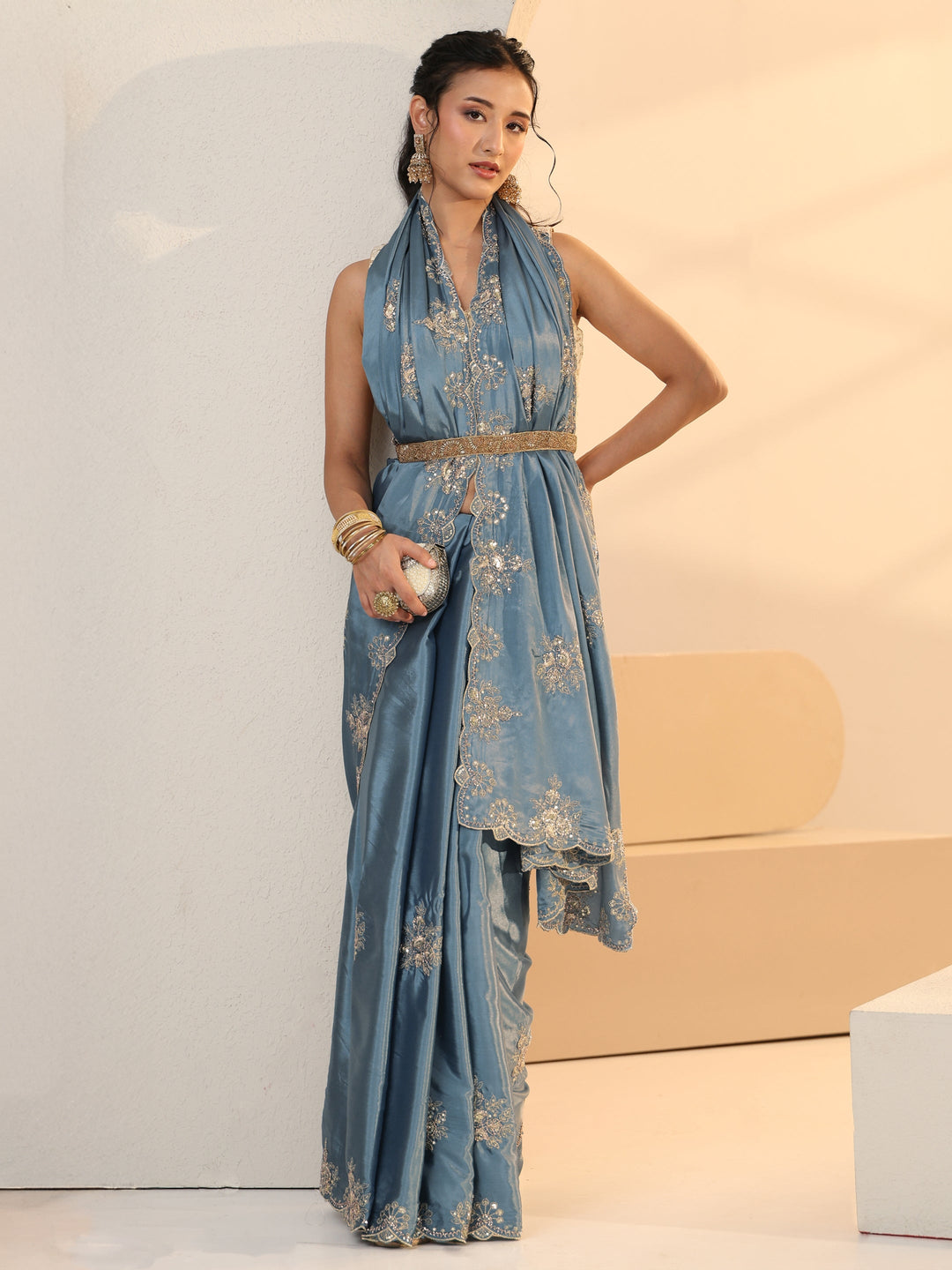 Libas Dusty Blue Floral Embroidered Silk Saree