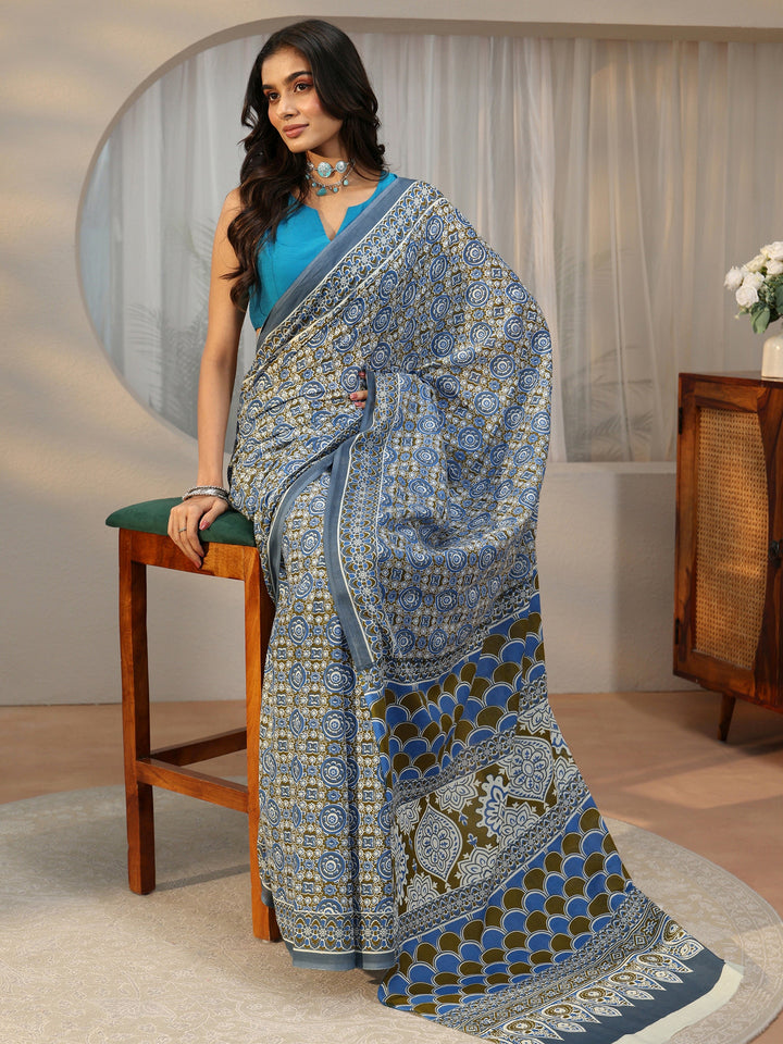 Libas Dusty Blue Floral Printed Cotton Saree