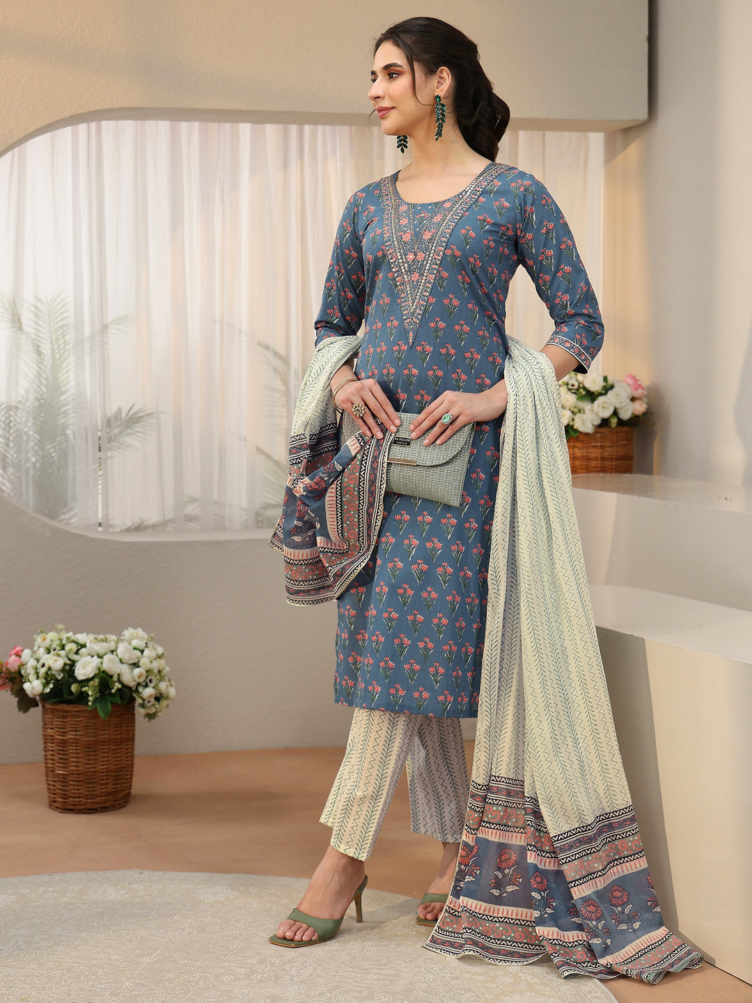 Libas Dusty Blue Floral Printed Cotton Straight Suit Set