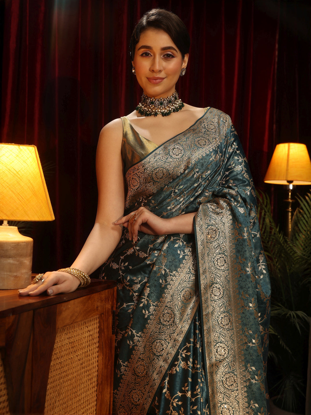 Libas Dusty Blue Floral Woven Design Embellished Satin Saree