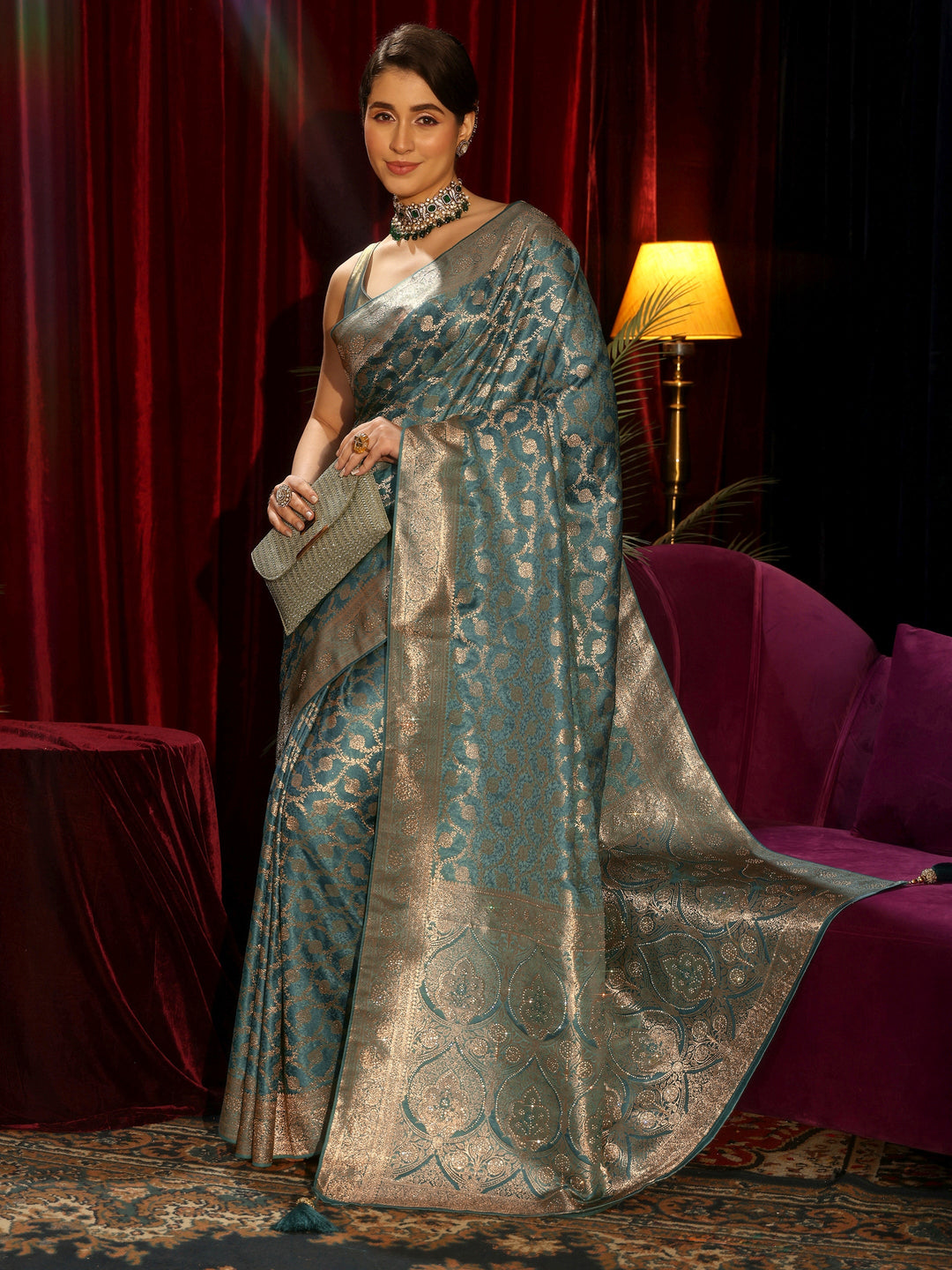 Libas Dusty Blue Floral Woven Design Embellished Satin Saree