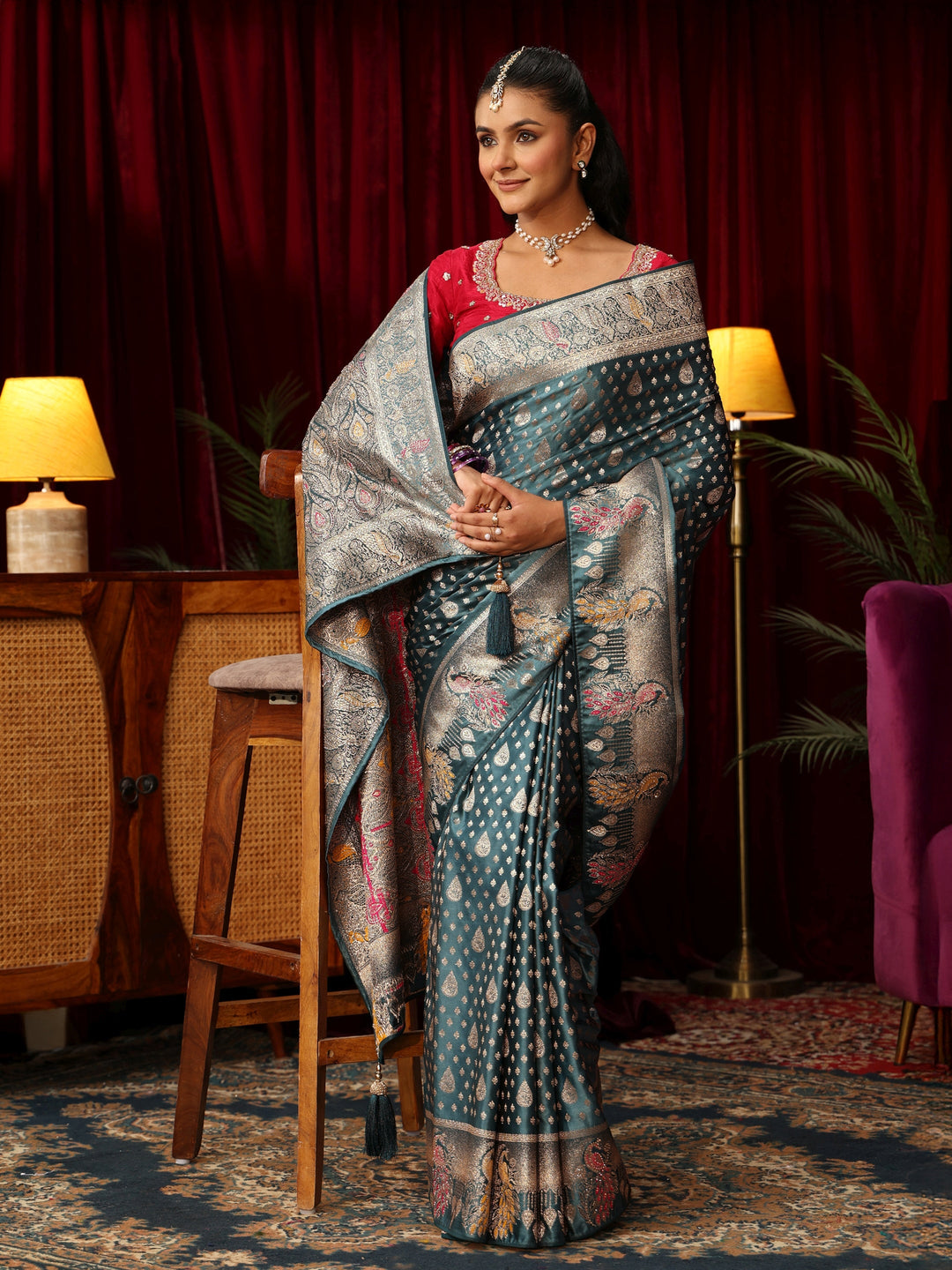 Libas Dusty Blue Woven Design Silk Blend Saree with Stone Work