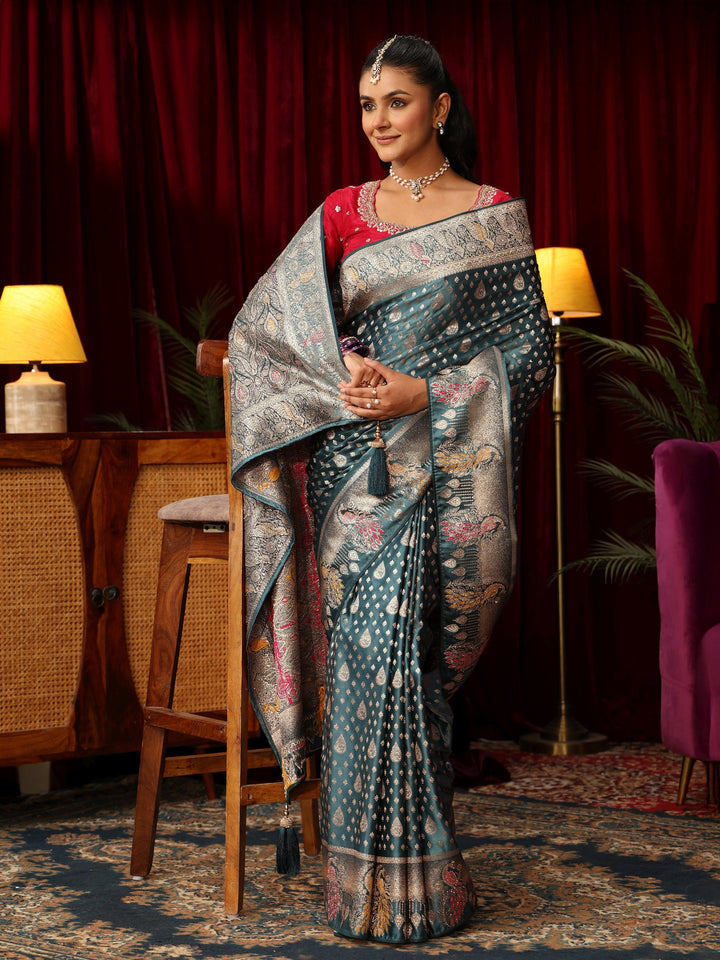 Libas Dusty Blue Woven Design Silk Blend Saree with Stone Work