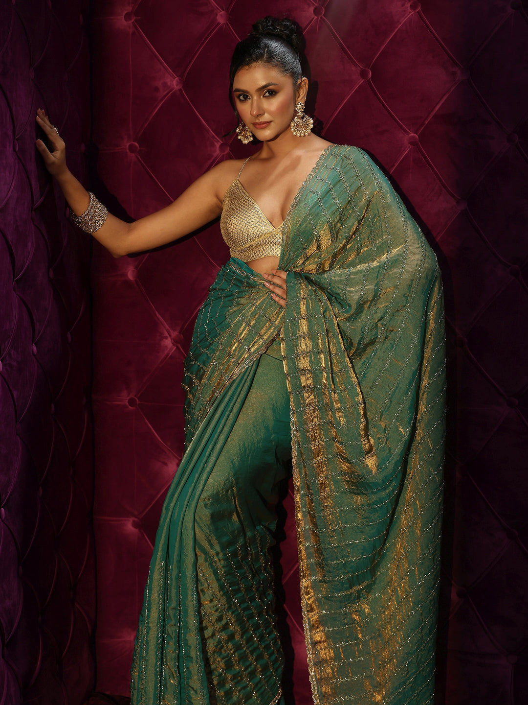 Libas Dusty Green Embellished Tissue Saree