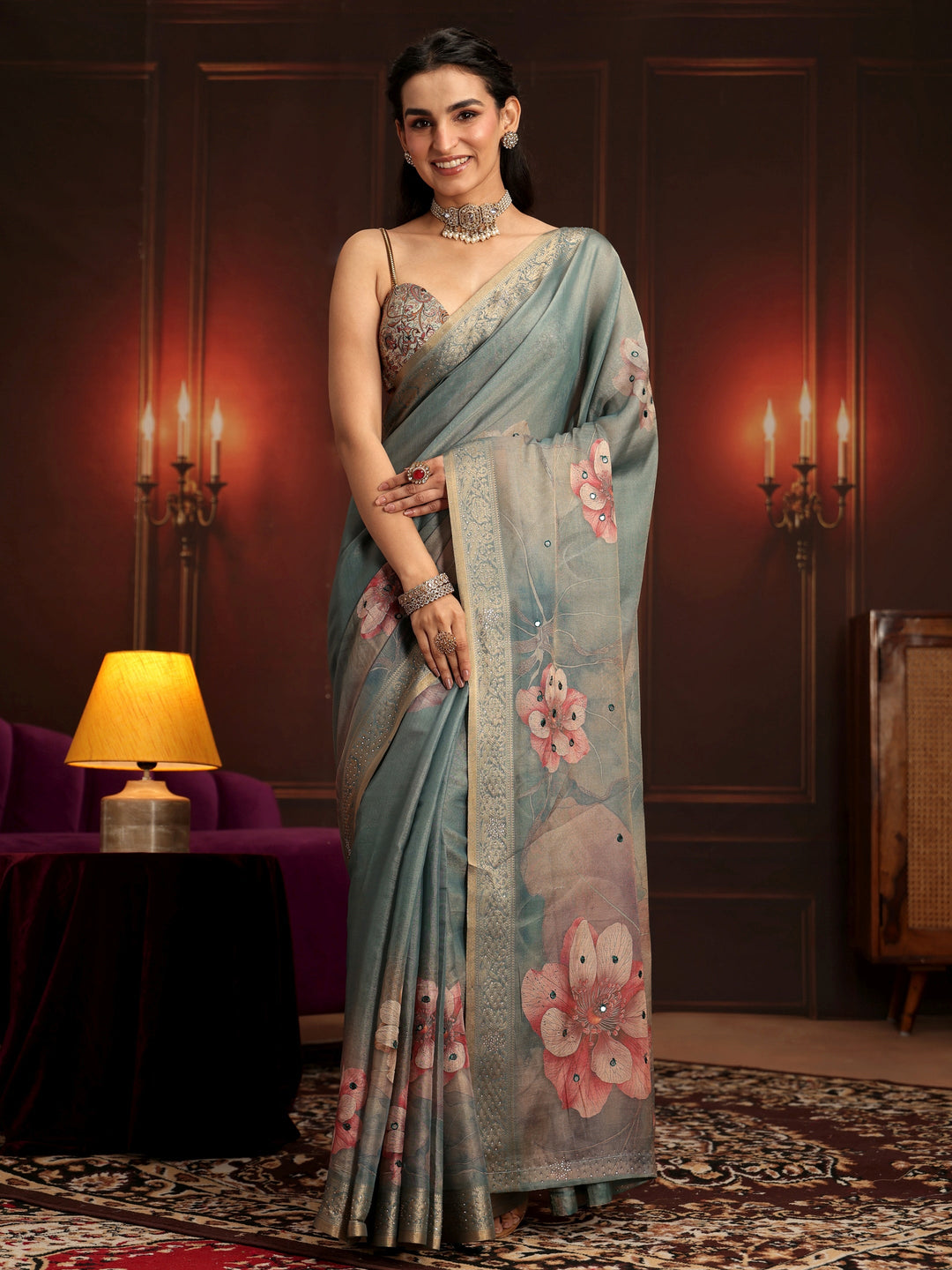 Libas Dusty Green Floral Printed Silk Blend Saree