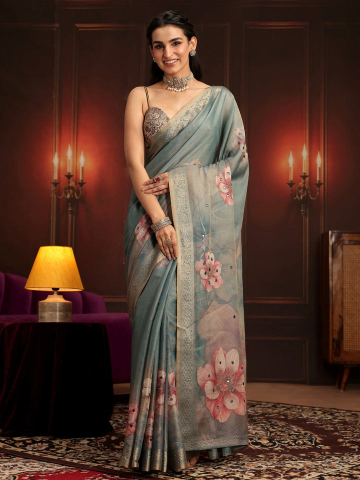 Libas Dusty Green Floral Printed Silk Blend Saree