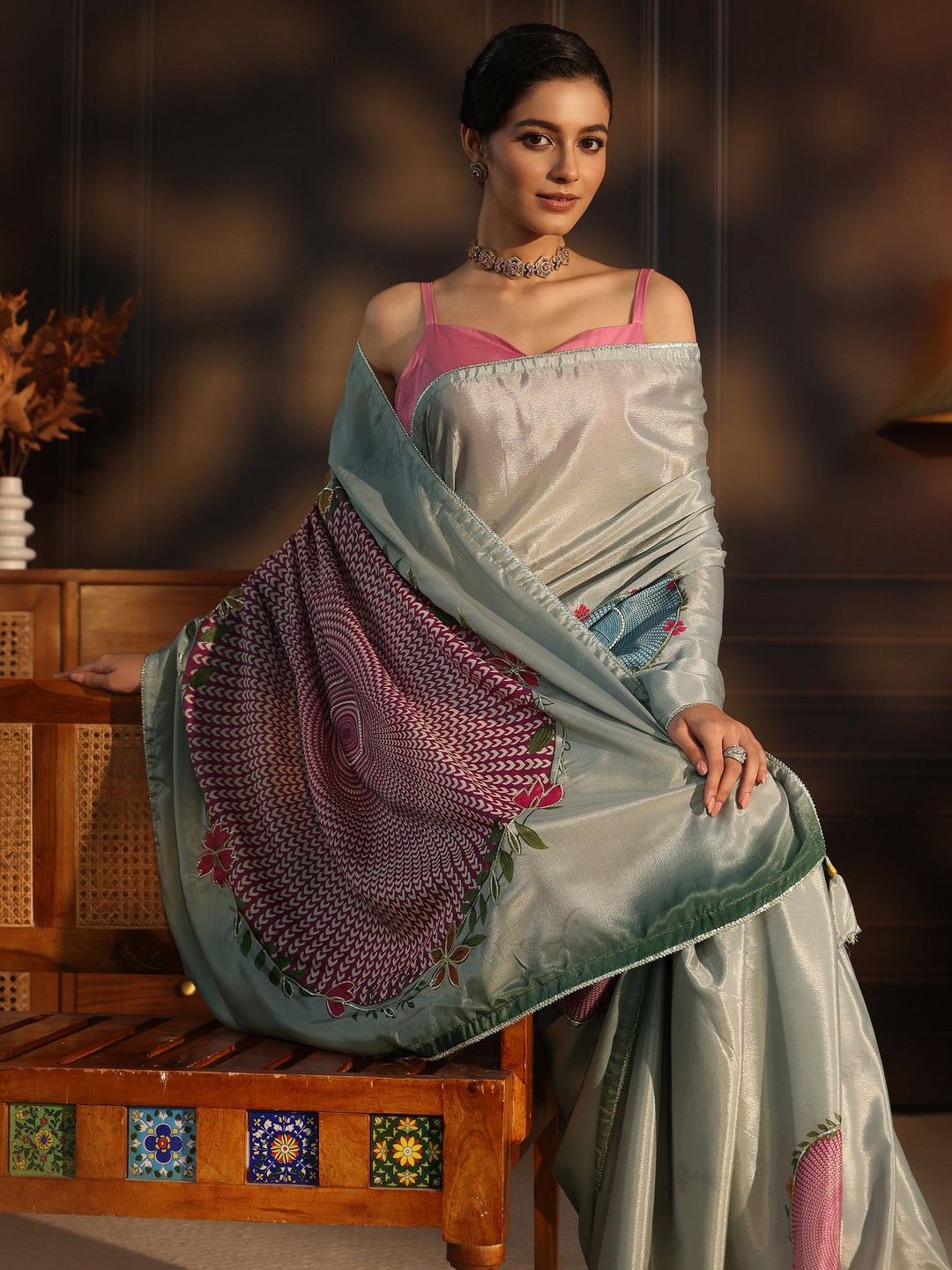 Libas Dusty Green Floral Printed Silk Blend Saree
