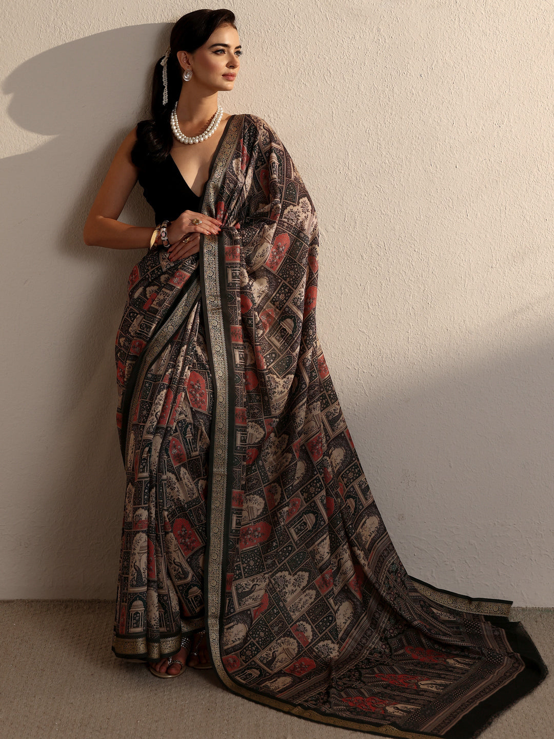 Libas Dusty Green Jharokha Printed Silk Blend Saree
