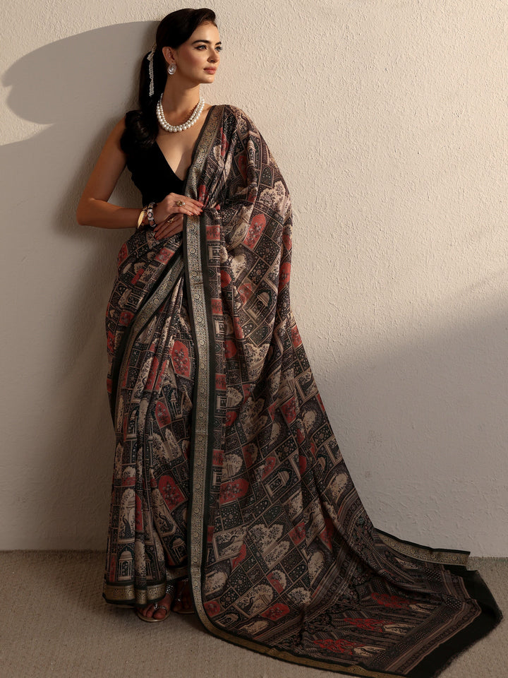 Libas Dusty Green Jharokha Printed Silk Blend Saree