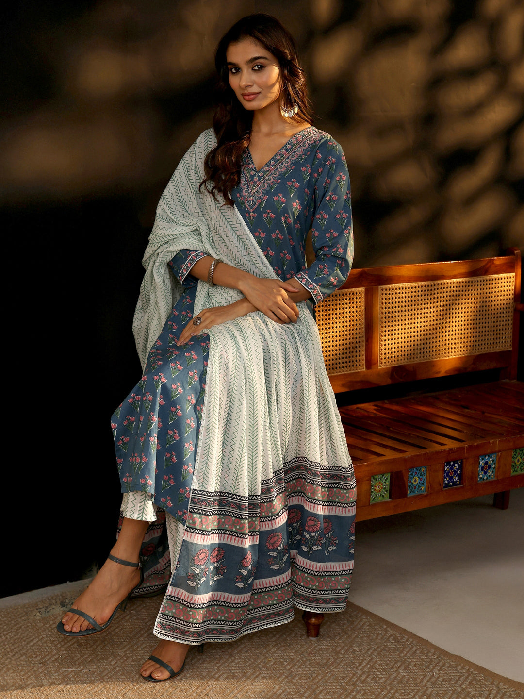 Libas Dusty Indigo Floral Printed Cotton Straight Suit Set