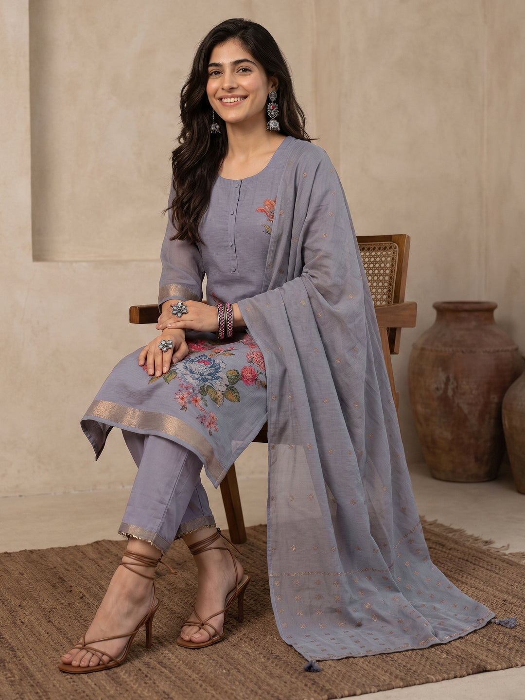 Libas Dusty Lavender Floral Printed Silk Blend Straight Suit Set