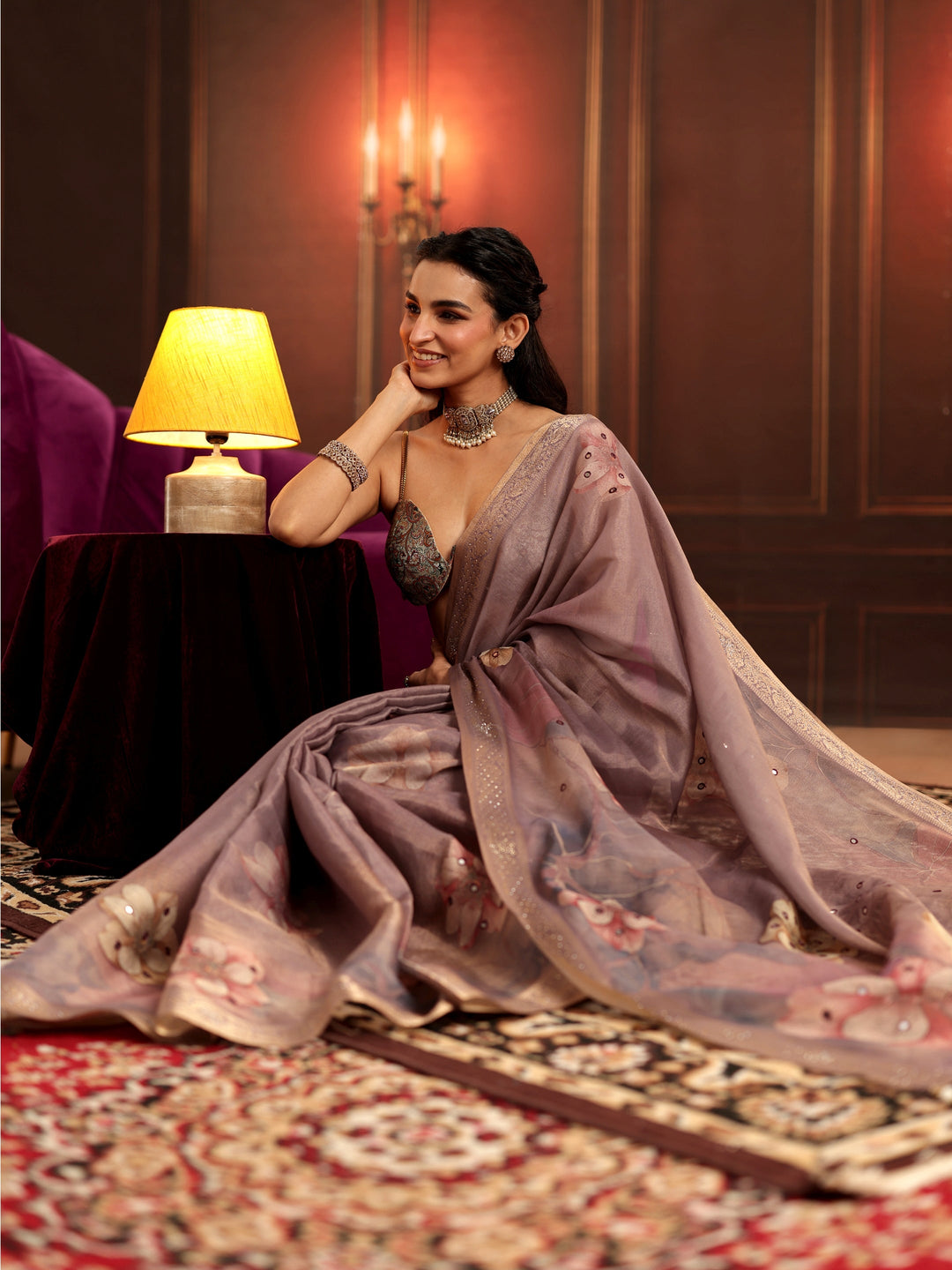 Libas Dusty Lilac Floral Printed Silk Blend Saree