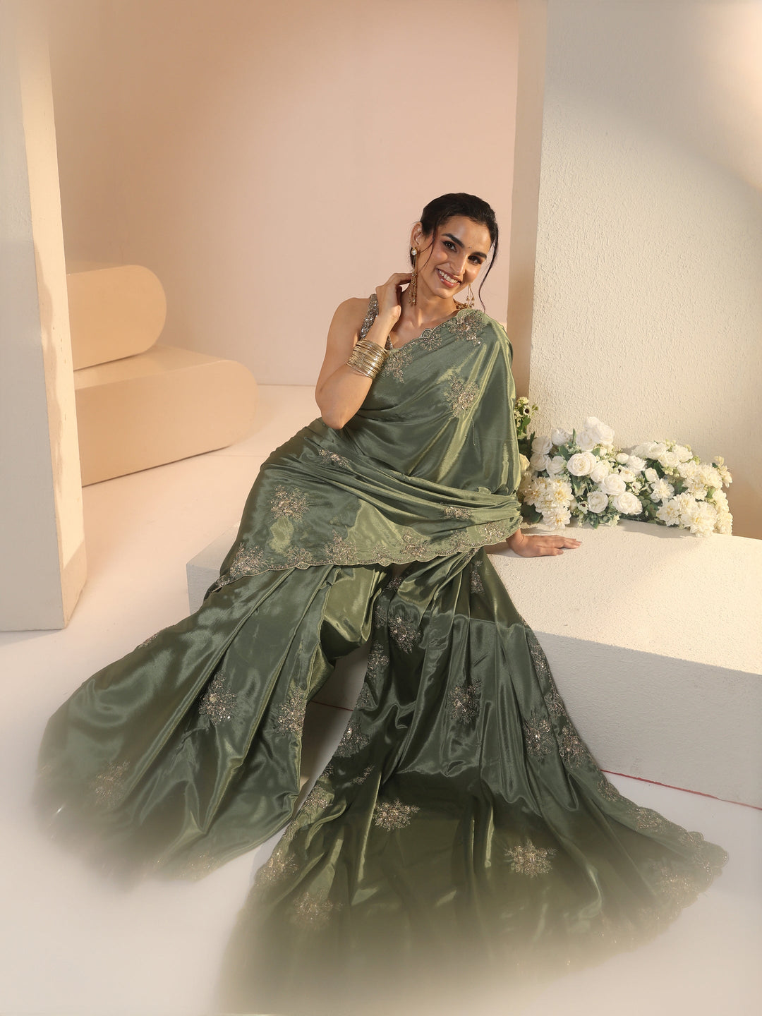 Libas Dusty Olive Green Floral Embroidered Silk Blend Saree