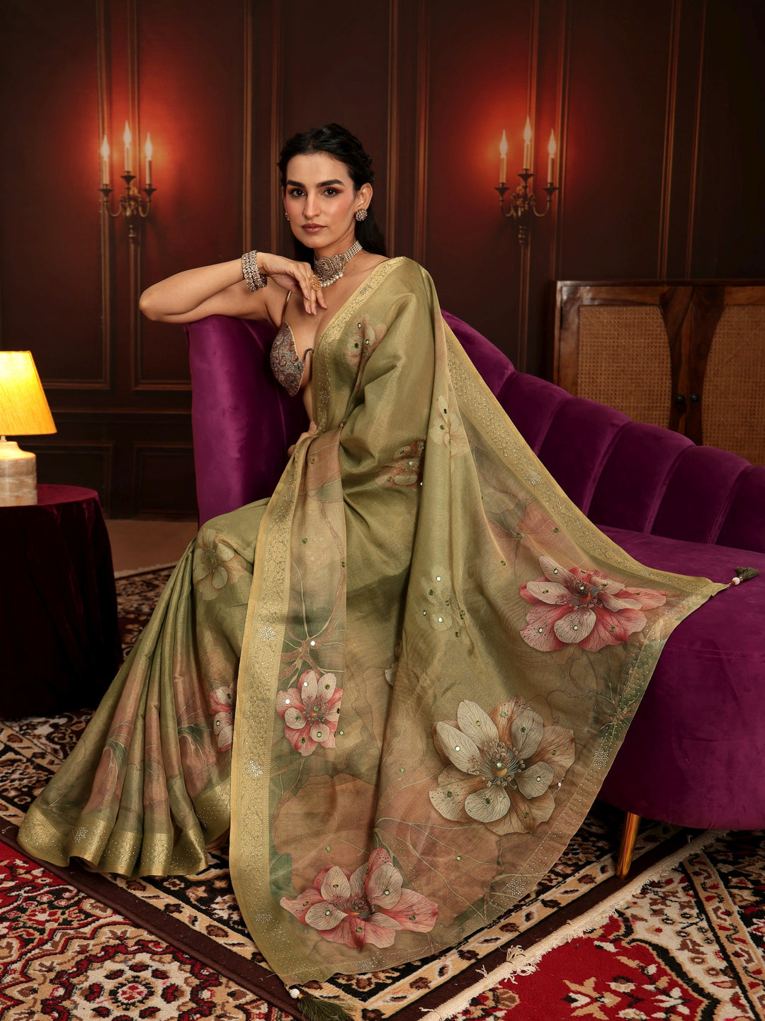 Libas Dusty Olive Green Floral Printed Silk Blend Saree