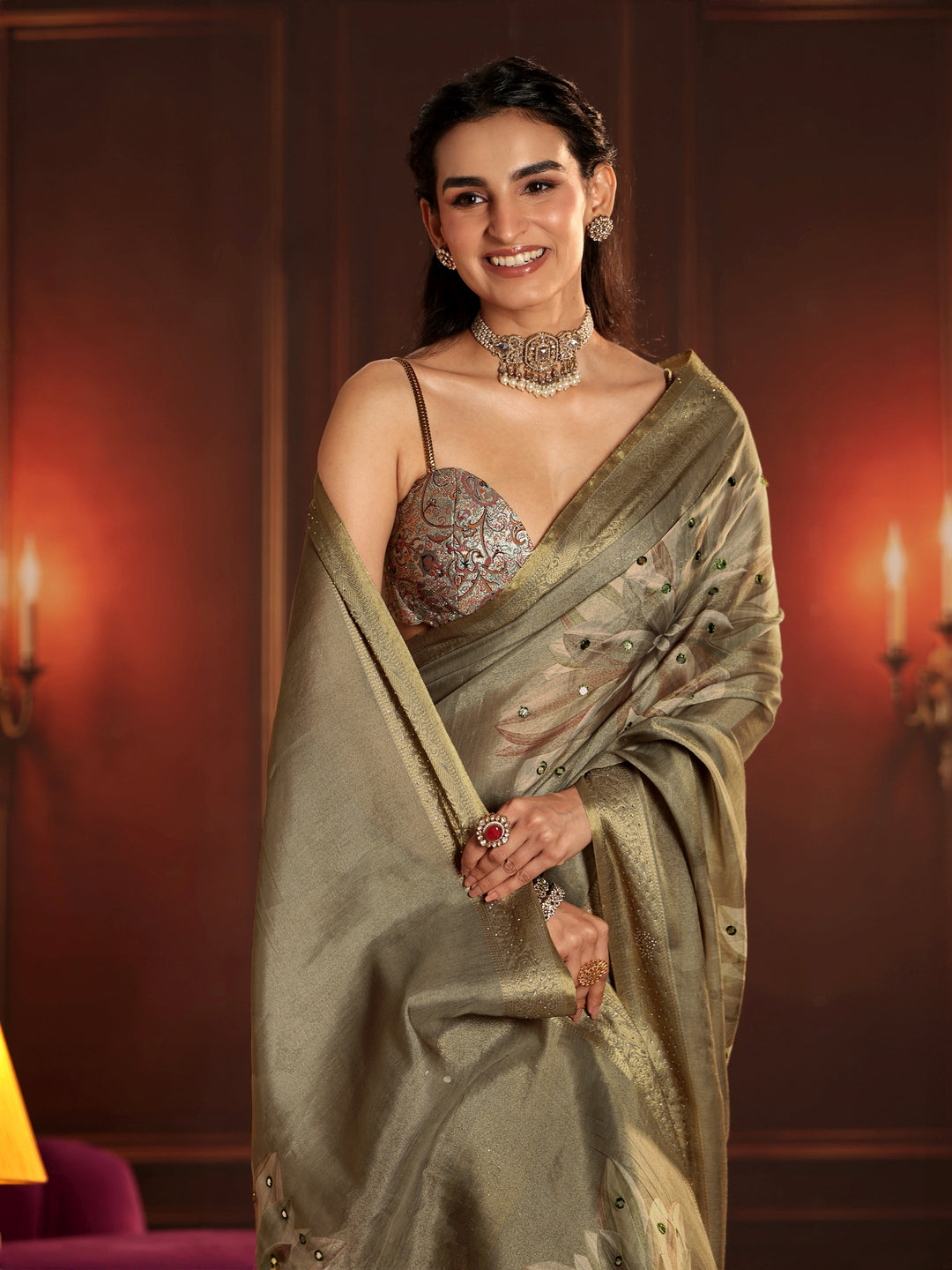 Libas Dusty Olive Green Floral Printed Silk Blend Saree