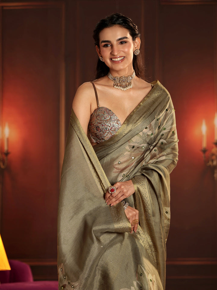 Libas Dusty Olive Green Floral Printed Silk Blend Saree