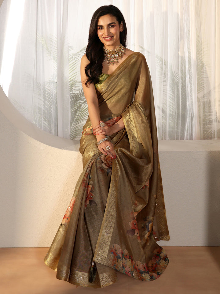 Libas Dusty Olive Green Floral Printed Silk Blend Saree with Woven Border