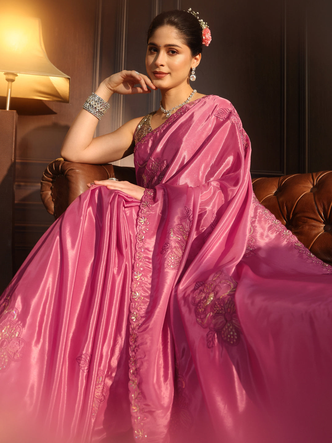 Libas Dusty Pink Floral Embellished Satin Saree