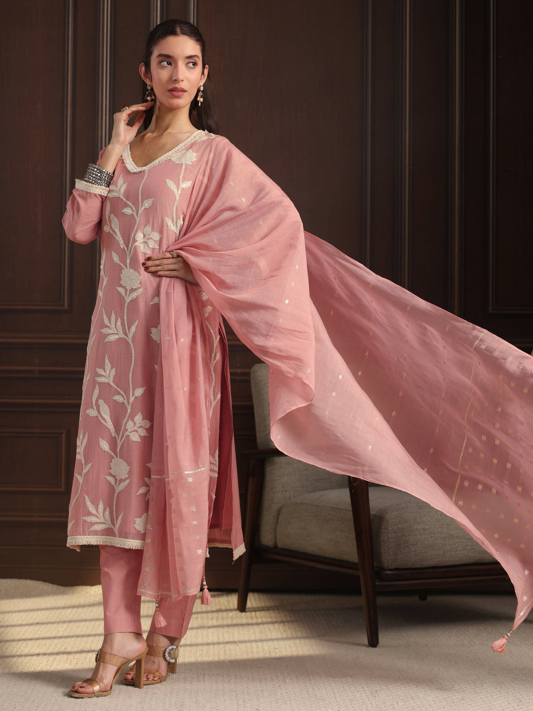 Libas Dusty Pink Floral Embroidered Chanderi Silk Straight Suit Set