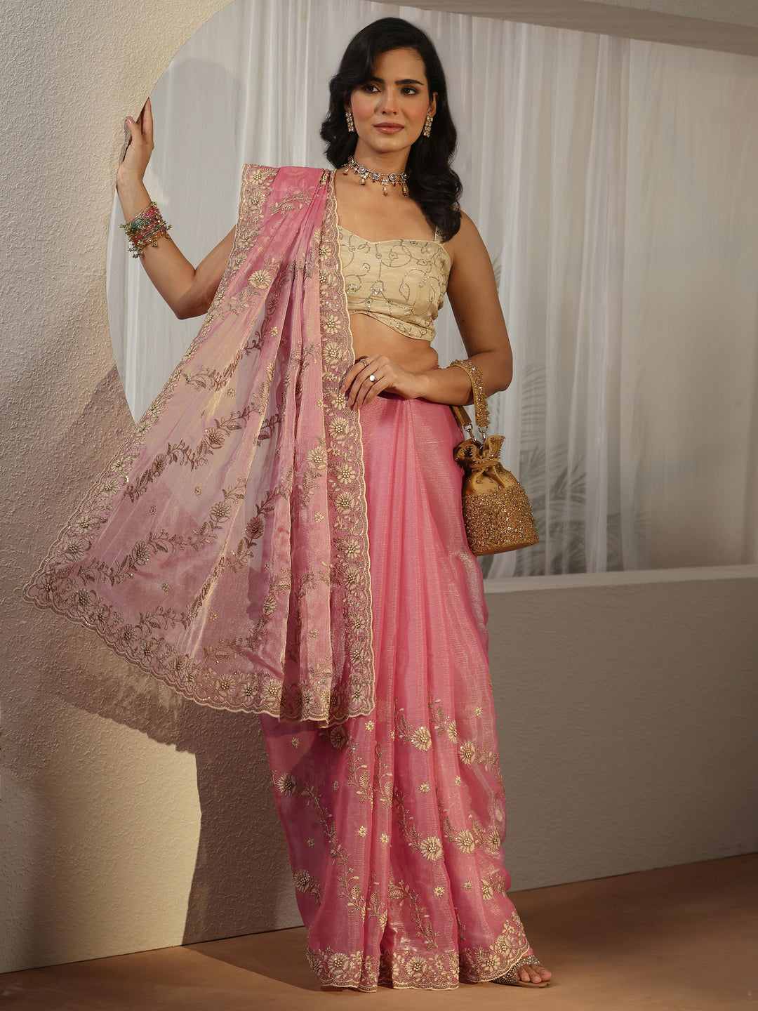 Libas Dusty Pink Floral Embroidered Tissue Saree