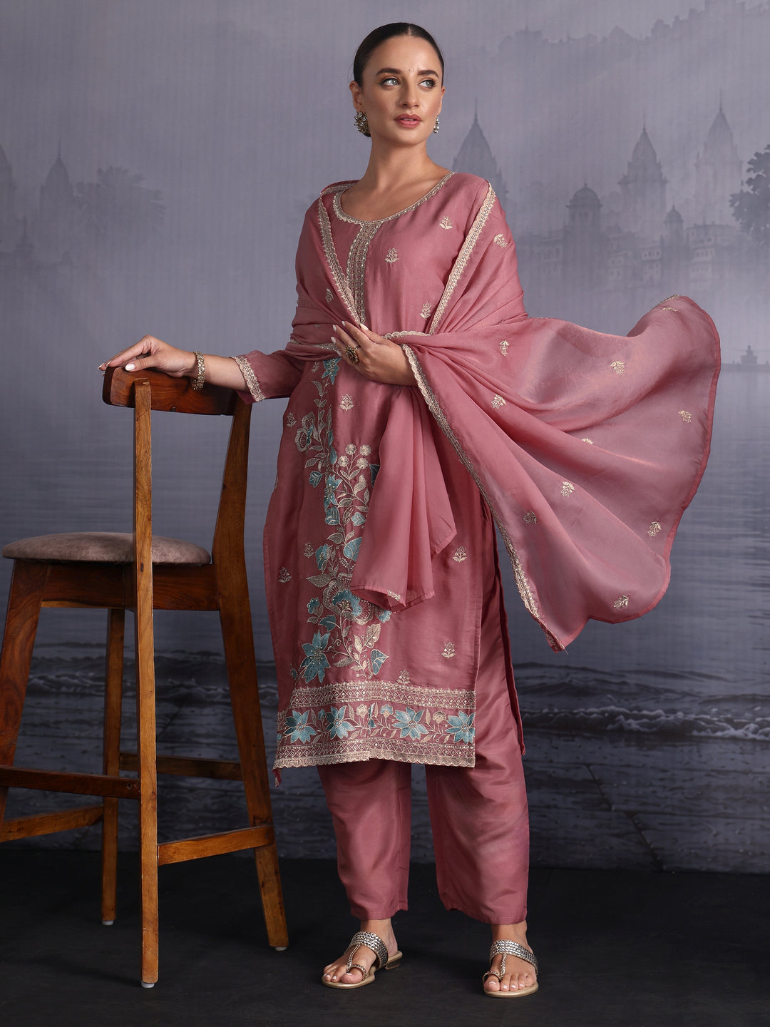 Libas Dusty Pink Floral Embroidered Tissue Straight Suit Set