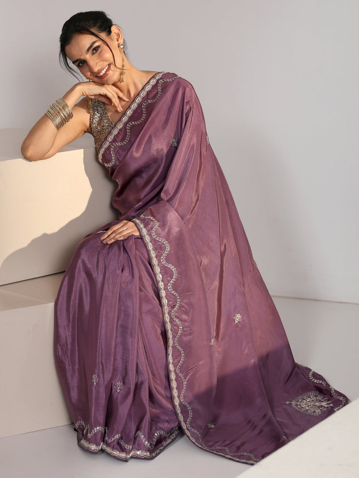Libas Dusty Plum Purple Embroidered Silk Blend Saree