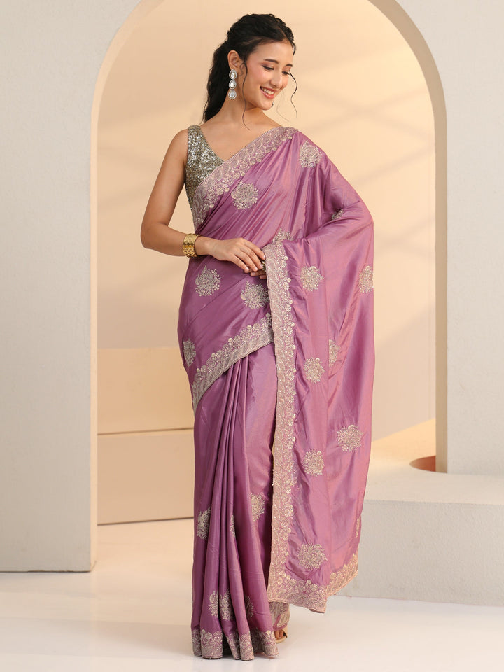 Libas Dusty Purple Floral Embroidered Silk Blend Saree