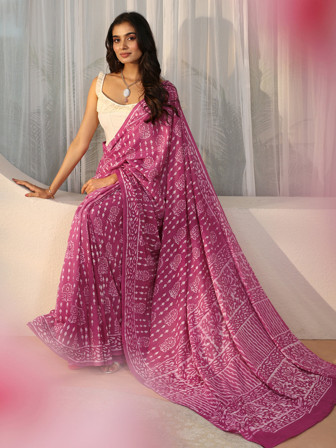 Libas Dusty Rose Pink Dabu Print Cotton Saree