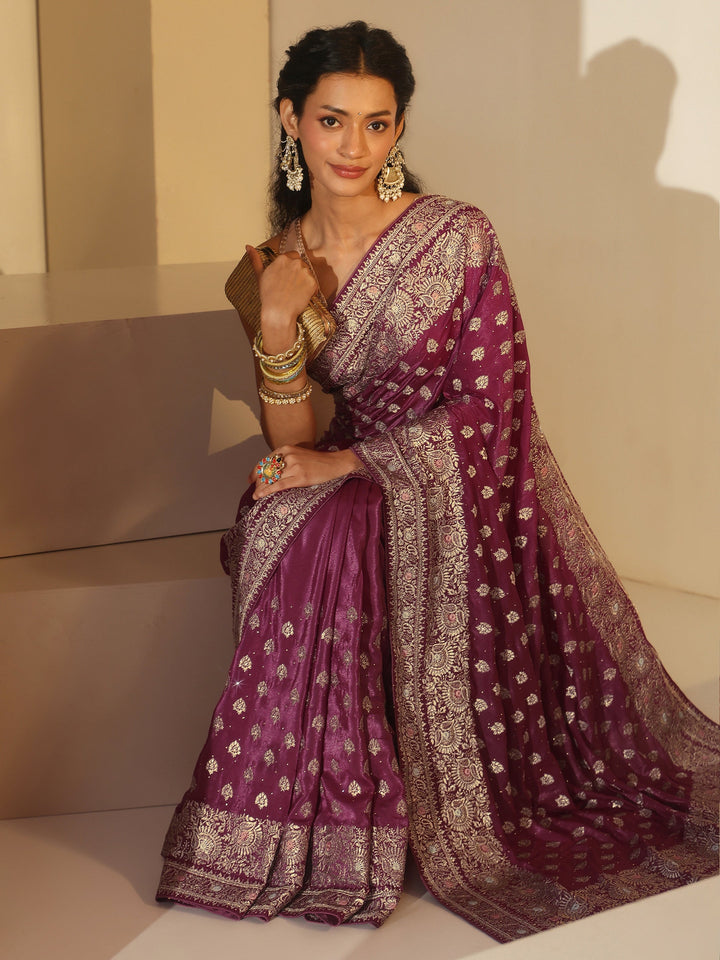 Libas Dusty Rose Pink Embroidered Satin Saree