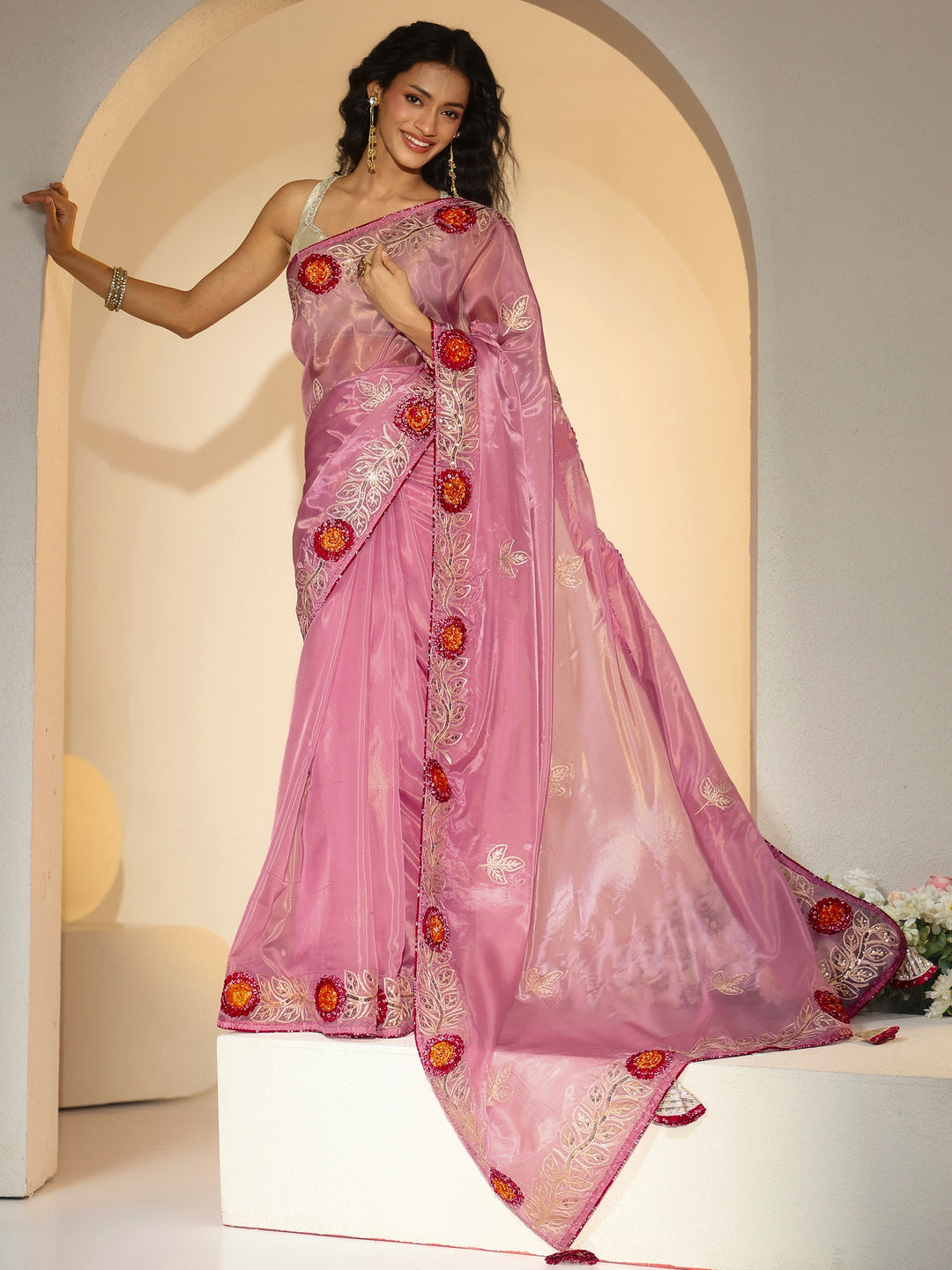 Libas Dusty Rose Pink Floral Embellished Tissue Saree