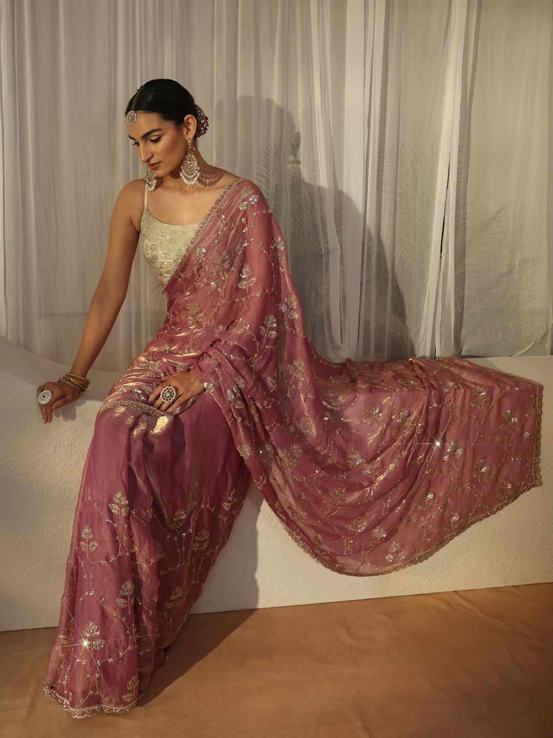 Libas Dusty Rose Pink Floral Embellished Tissue Saree