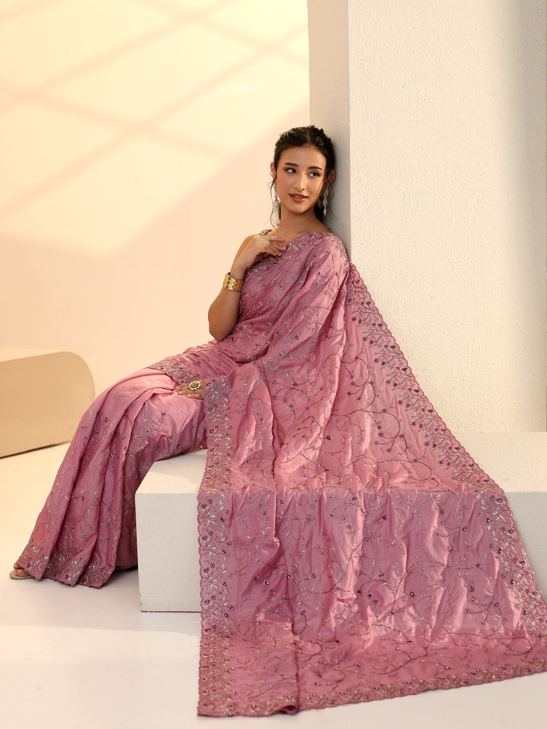 Libas Dusty Rose Pink Floral Embroidered Satin Saree