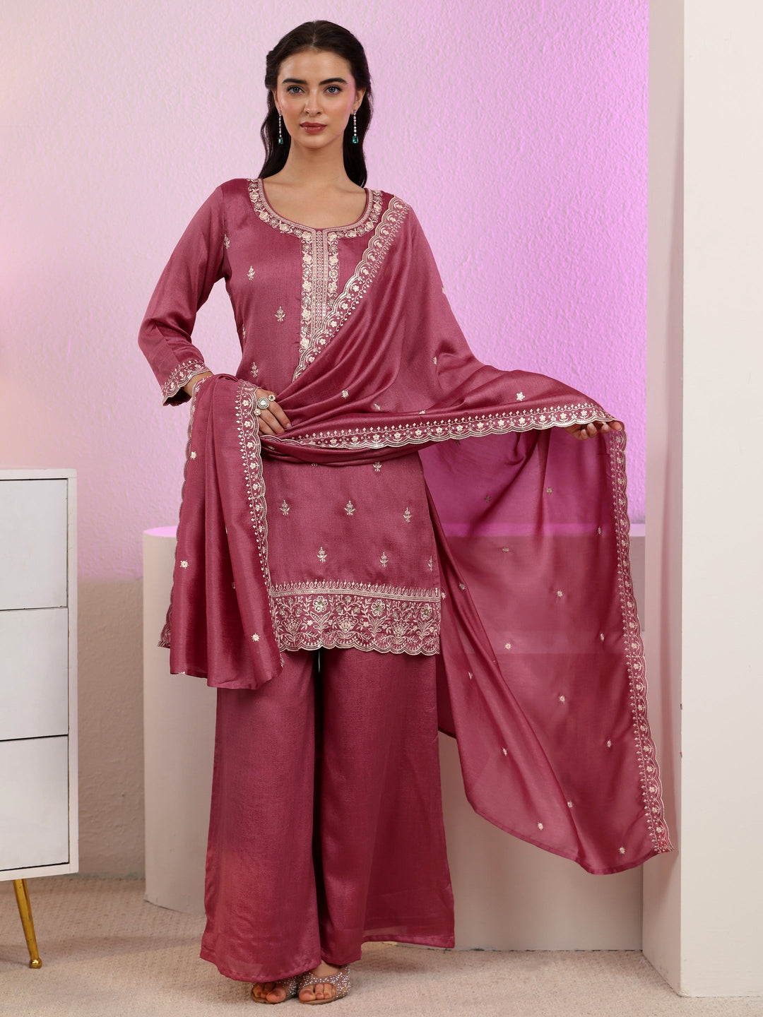 Libas Dusty Rose Pink Floral Embroidered Silk Blend Palazzo Suit Set