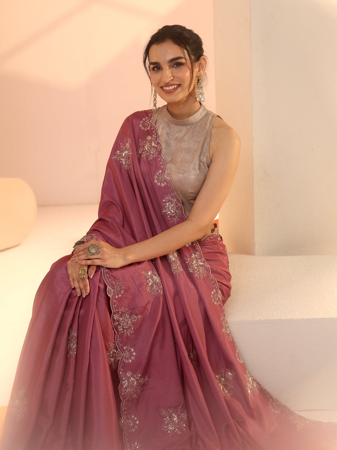 Libas Dusty Rose Pink Floral Embroidered Silk Blend Saree